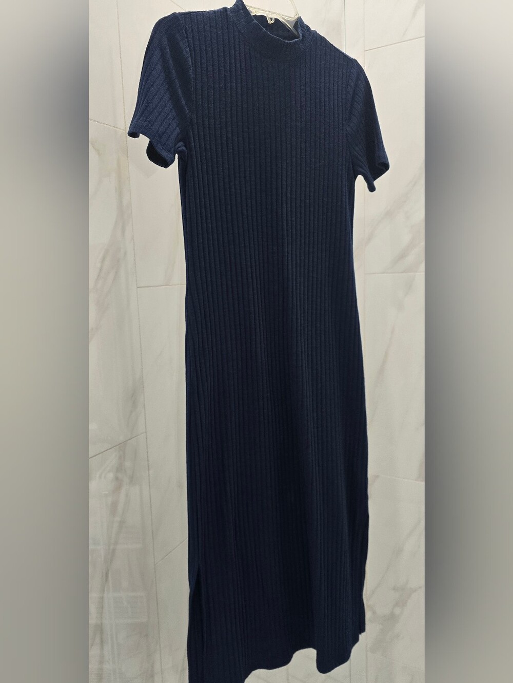 COURT & ROWE Navy-Blue Ribbed Knit Midi Sweater Dress, Mock Turtle Neck, Sz: S
